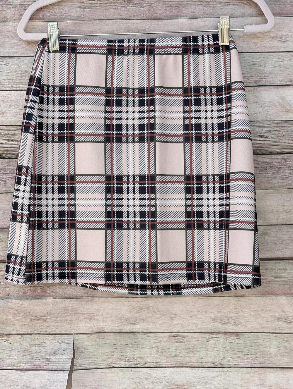 Y2K Plaid Mini Skirt Size M Beige Black Pink Stretch
